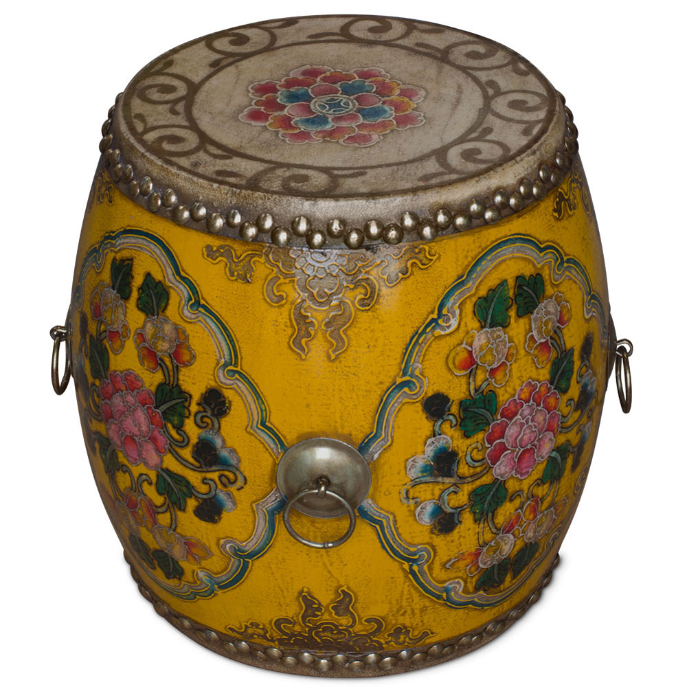 Yellow Tibetan Ceremonial Drum with Hand Painted Floral Art