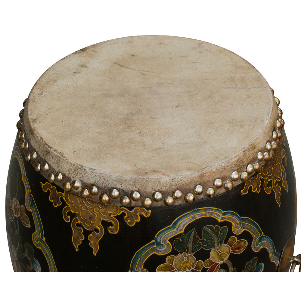 Black Floral Ceremonial Tibetan Drum