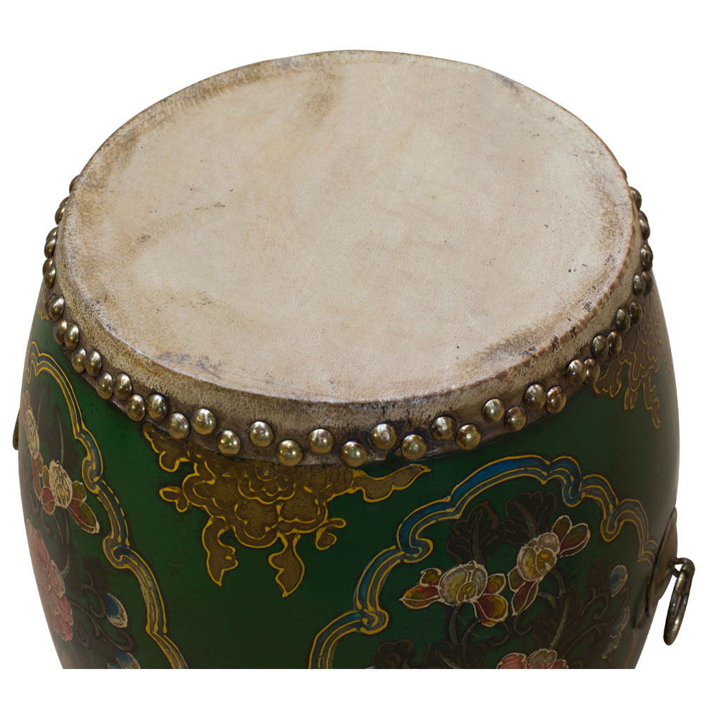 Green Tibetan Ceremonial Drum with Hand Painted Floral Art