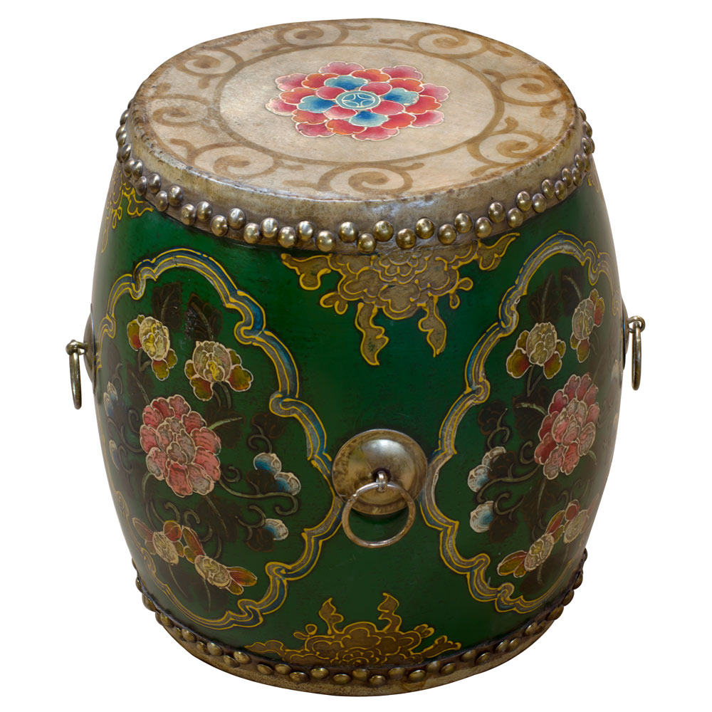 Green Tibetan Ceremonial Drum with Hand Painted Floral Art