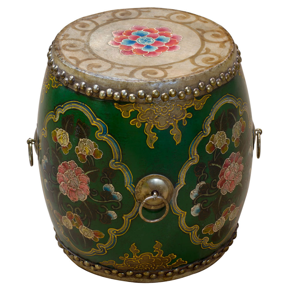 Green Tibetan Ceremonial Drum with Hand Painted Floral Art