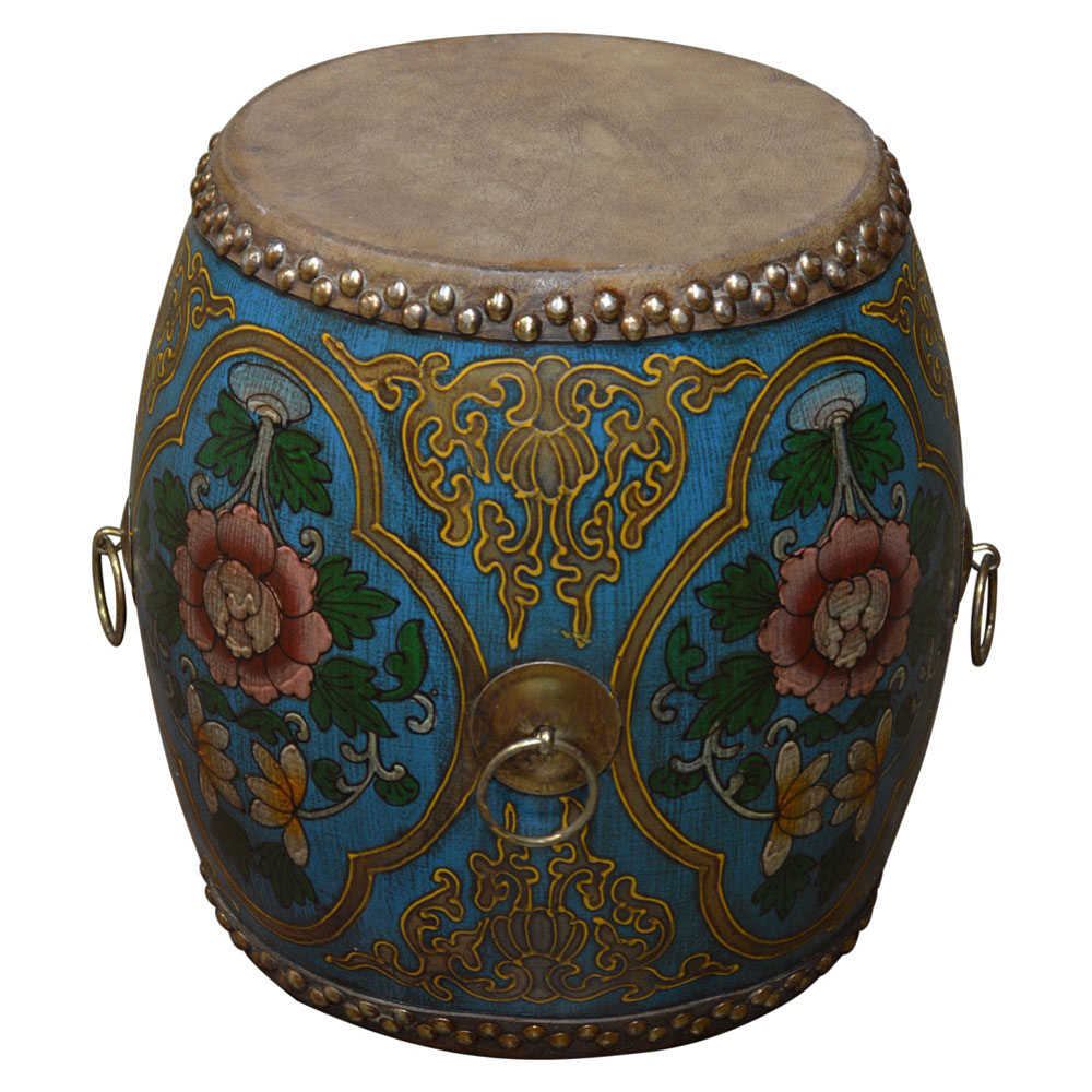 Blue Tibetan Ceremonial Drum with Hand Painted Floral Art