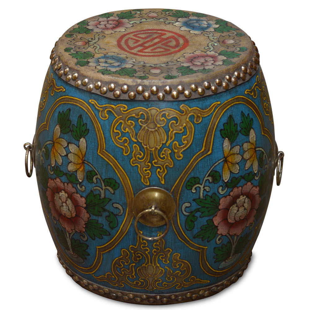 Blue Tibetan Ceremonial Drum with Hand Painted Floral Art