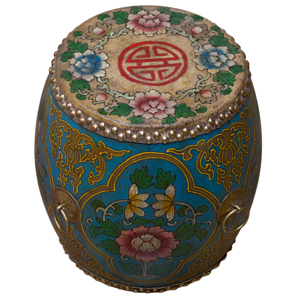 Blue Tibetan Ceremonial Drum with Hand Painted Floral Art