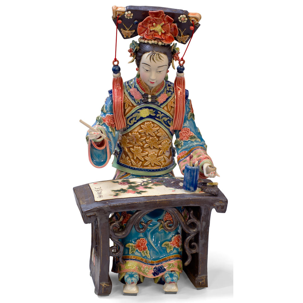 Chinese Porcelain Figurine, Lady Painting Calligraphy