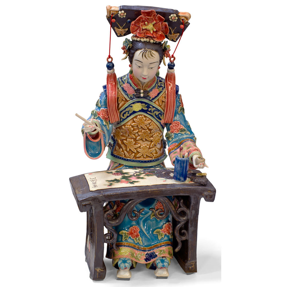 bibliothecaris ruw winkelwagen Chinese Porcelain Figurine, Lady Painting Calligraphy