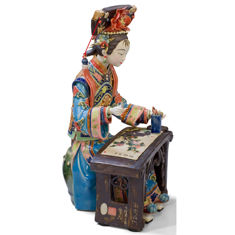 Chinese Porcelain Figurine, Lady Painting Calligraphy