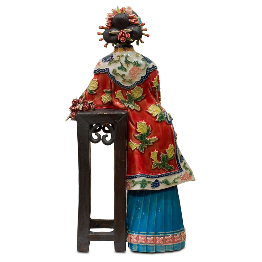 Chinese Porcelain Figurine, Shi Wan Lady in Red Leaning on Pedestal