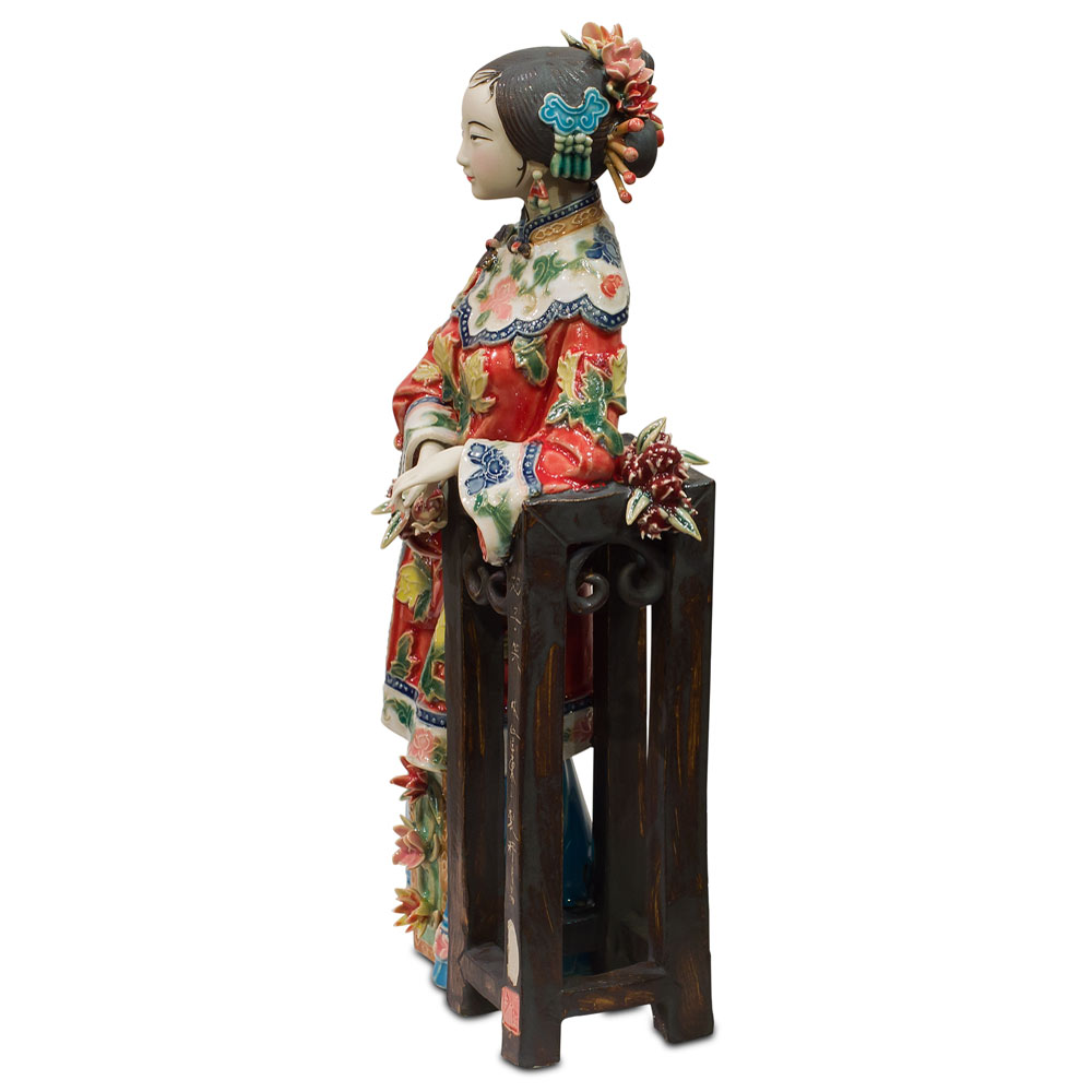 Chinese Porcelain Figurine, Shi Wan Lady in Red Leaning on Pedestal