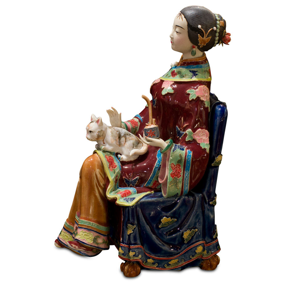 Chinese Porcelain Figurine, Qing Dynasty Lady with Cat