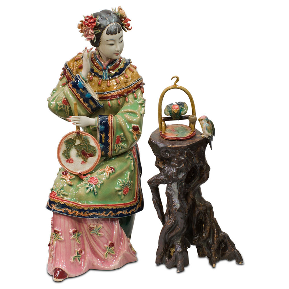 Chinese Porcelain Figurine, Lady with Bird Cage