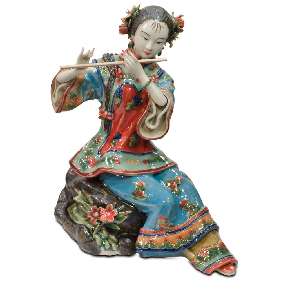 Chinese Porcelain Figurine, Shi Wan Lady Playing the Flute