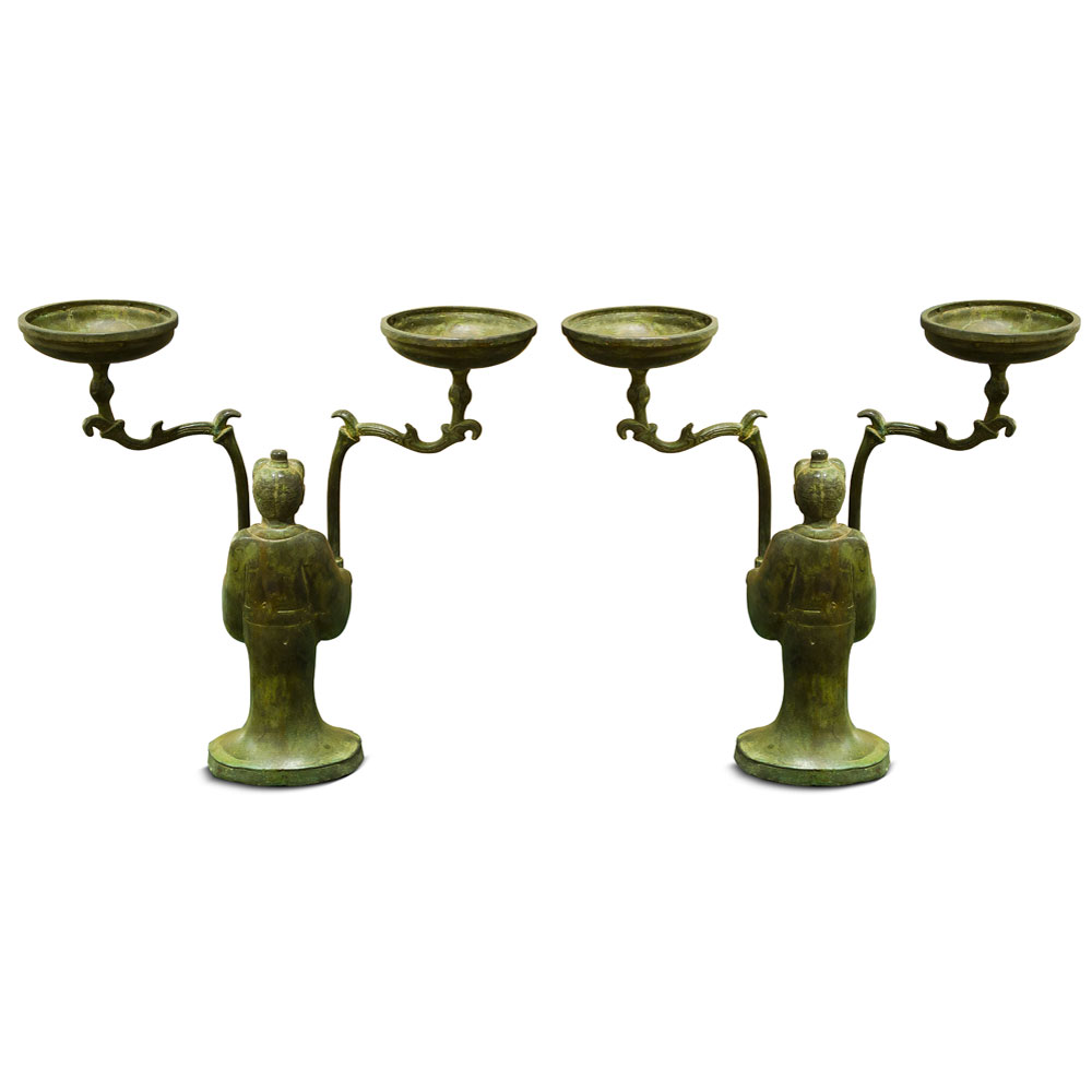 Bronze Patina Shang Dynasty Candle Holder Set