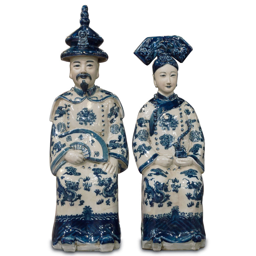 Blue and White Porcelain Qing Emperor and Empress Chinese Statue Set