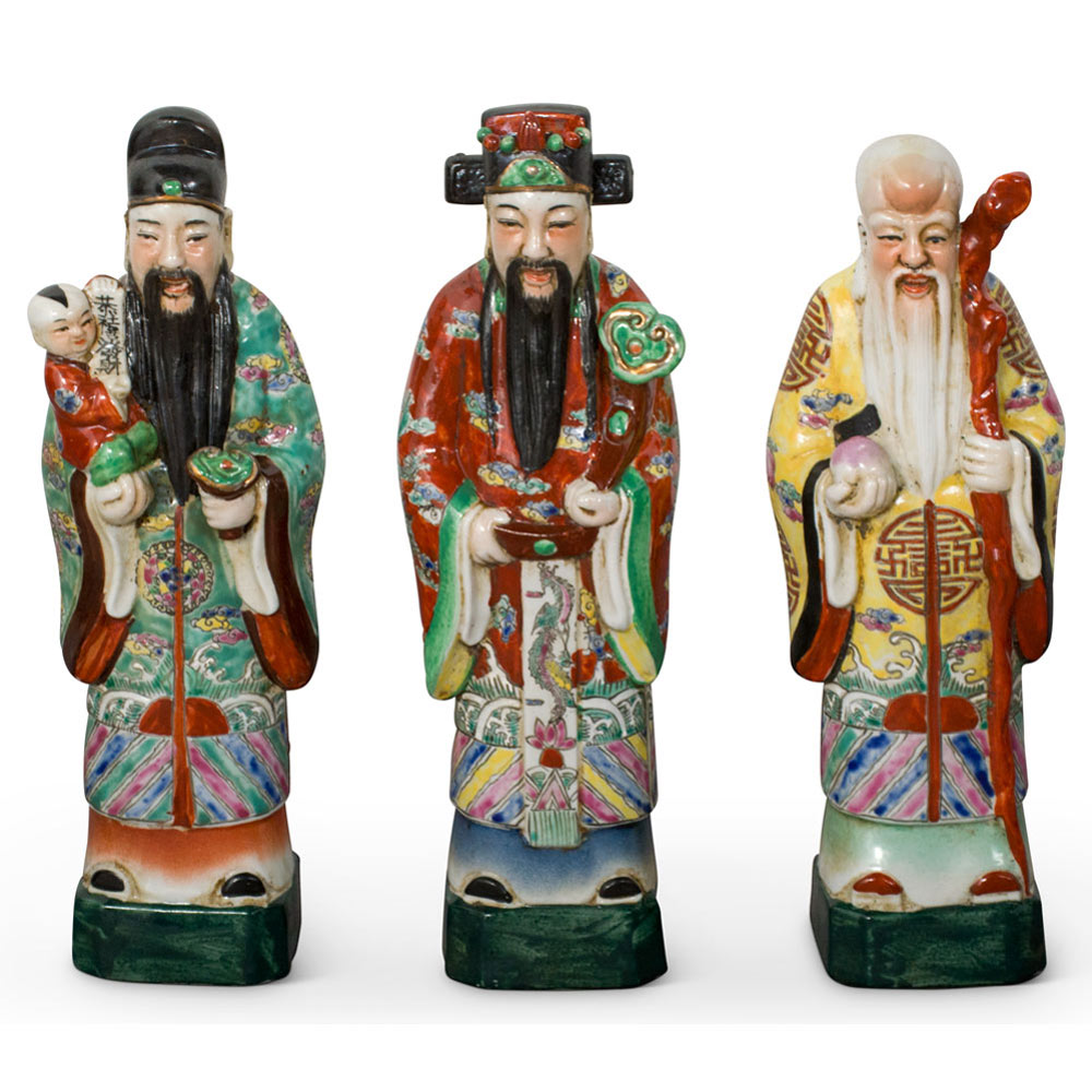 Porcelain Three Lucky Gods Chinese Statue Set