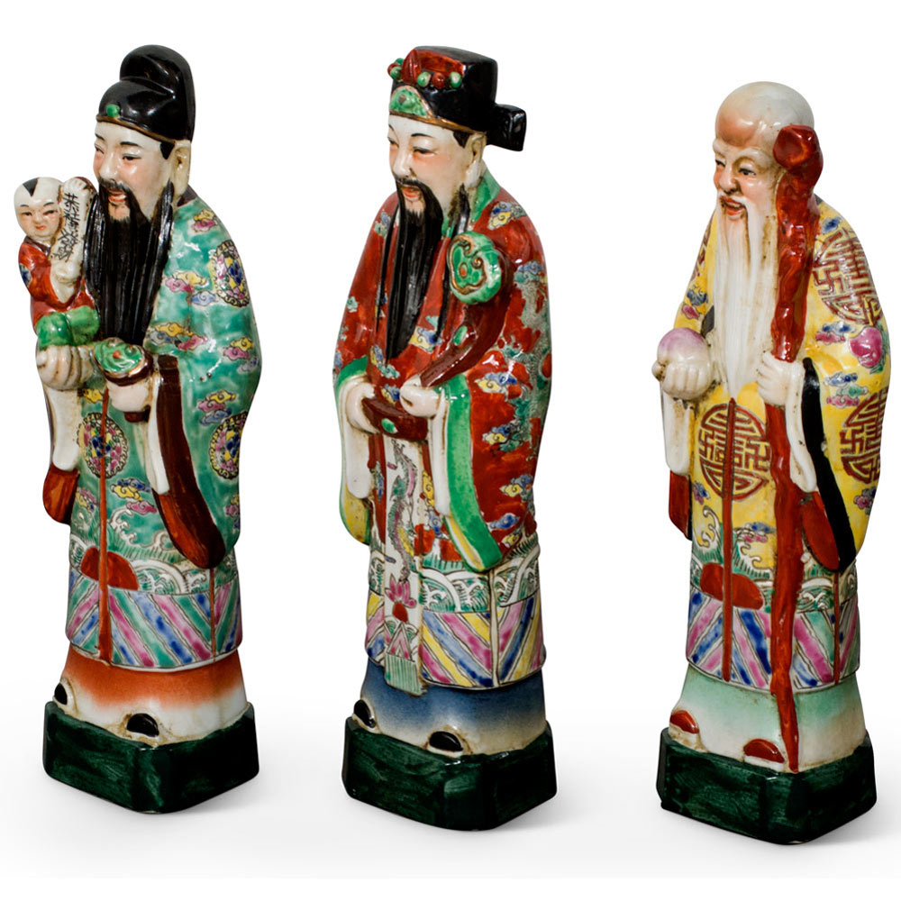 Porcelain Three Lucky Gods Chinese Statue Set