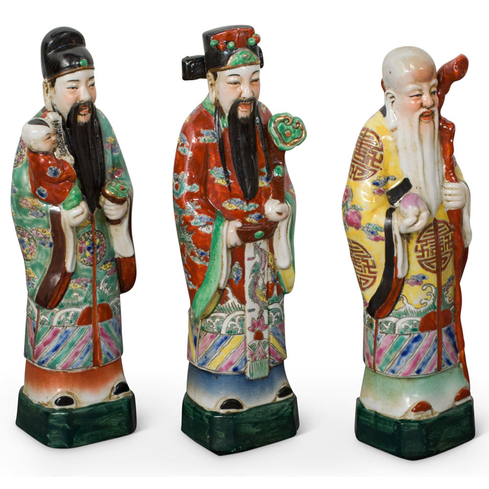 Porcelain Three Lucky Gods Chinese Statue Set