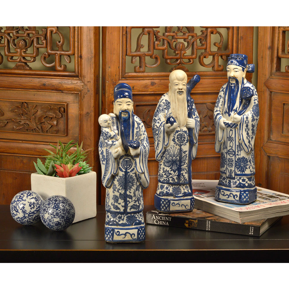 Blue and White Porcelain Three Lucky Gods Chinese Statue Set