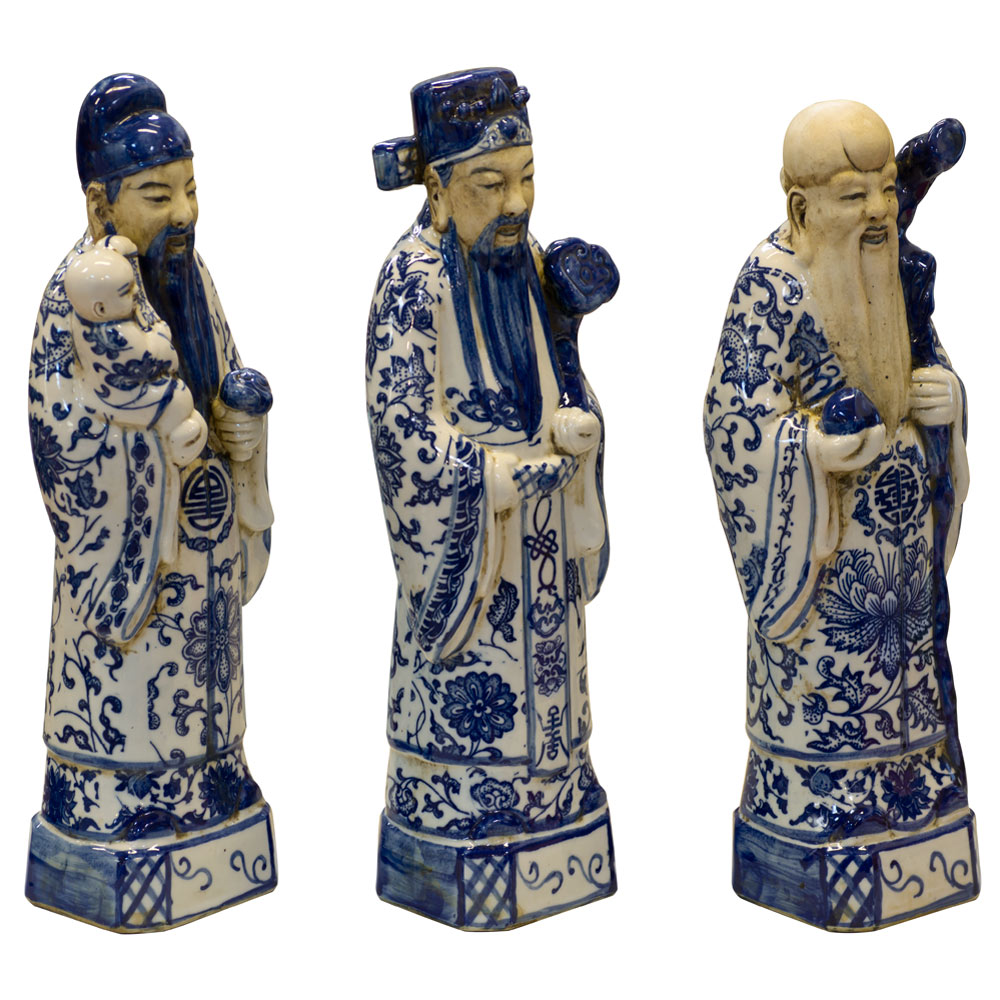 Blue and White Porcelain Three Lucky Gods Chinese Statue Set