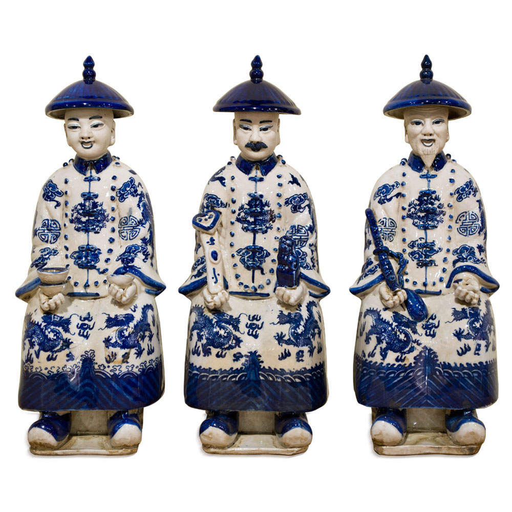 Blue and White Porcelain Sitting Qing Emperors Chinese Statue Set