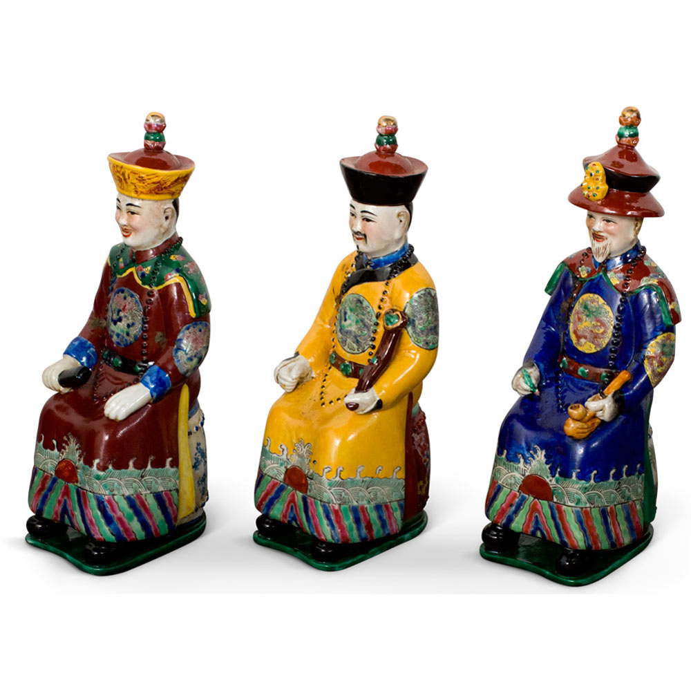 Red Yellow Blue Porcelain Qing Emperor Chinese Figurine Set