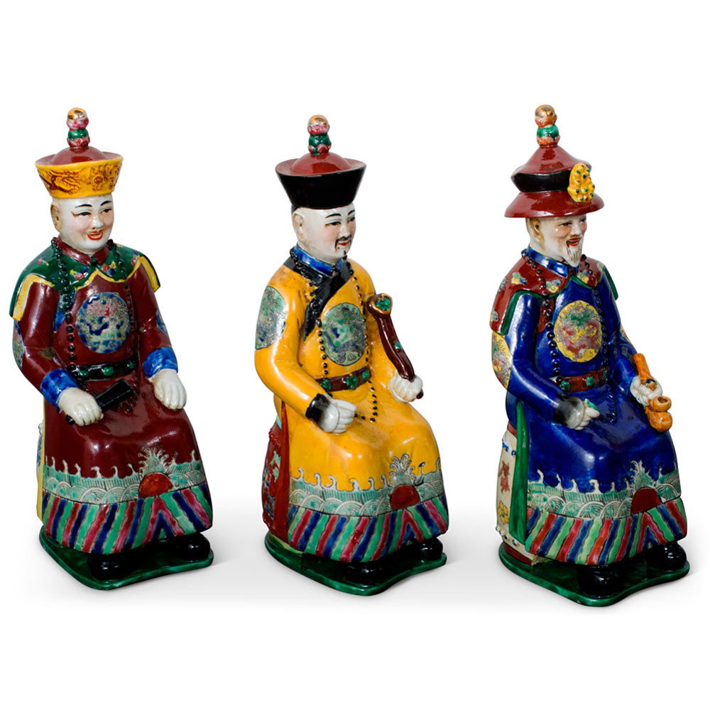 Red Yellow Blue Porcelain Qing Emperor Chinese Figurine Set