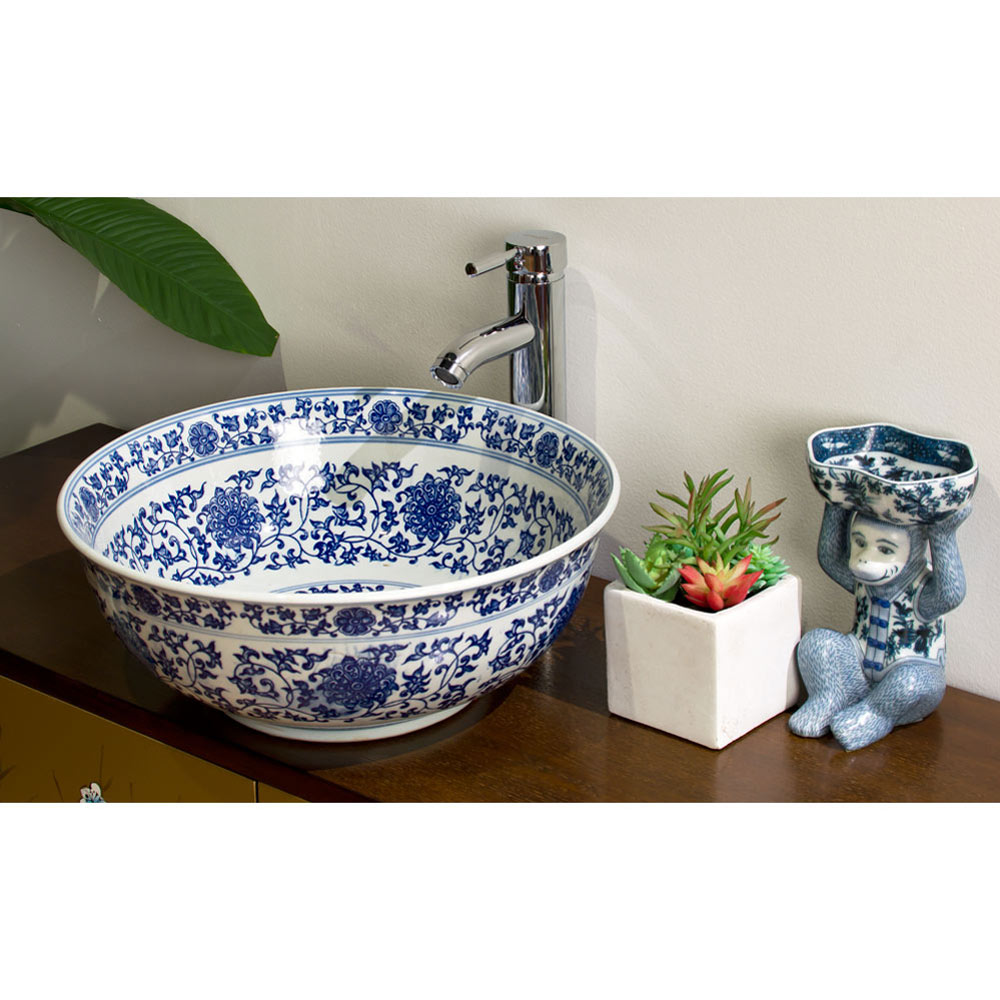 Blue and White Porcelain Floral Motif Oriental Basin