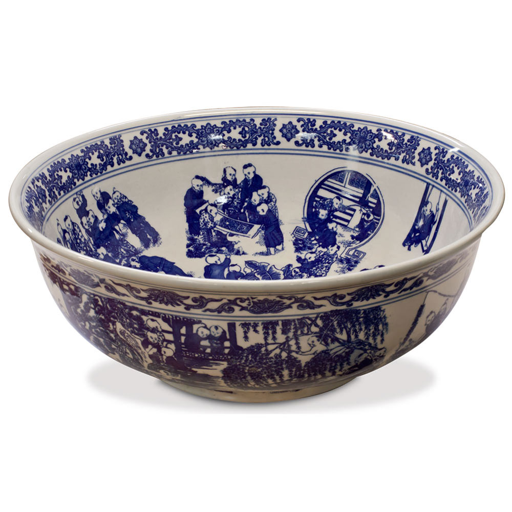 Blue and White Porcelain Schoolyard Scene Oriental Basin