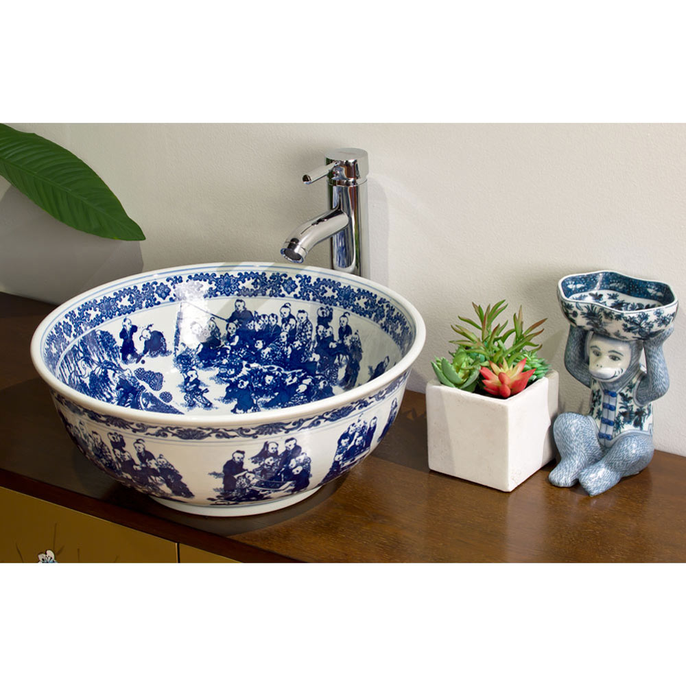 Blue and White Porcelain Schoolyard Scene Oriental Basin