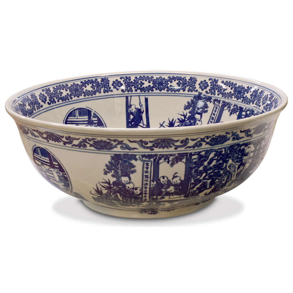 Blue and White Porcelain Schoolyard Scene Oriental Basin