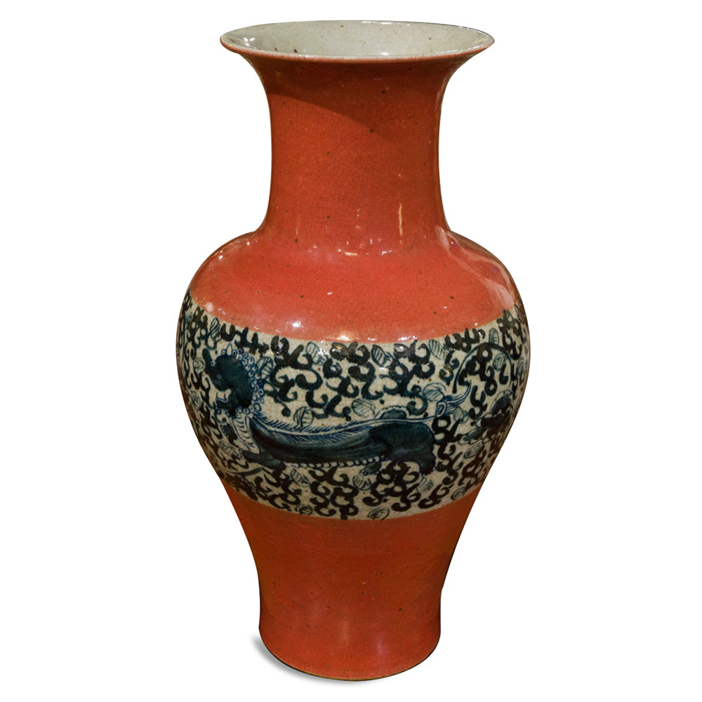 14.75 Inch Porcelain Qing Palace Mythical Foo Dog Vase