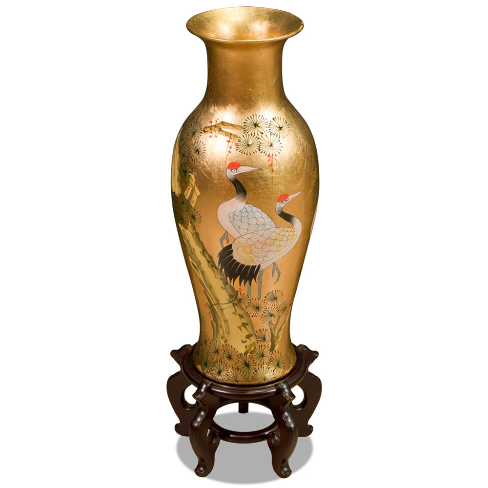 24 Inch Gold Leaf Longevity Cranes Oriental Vase