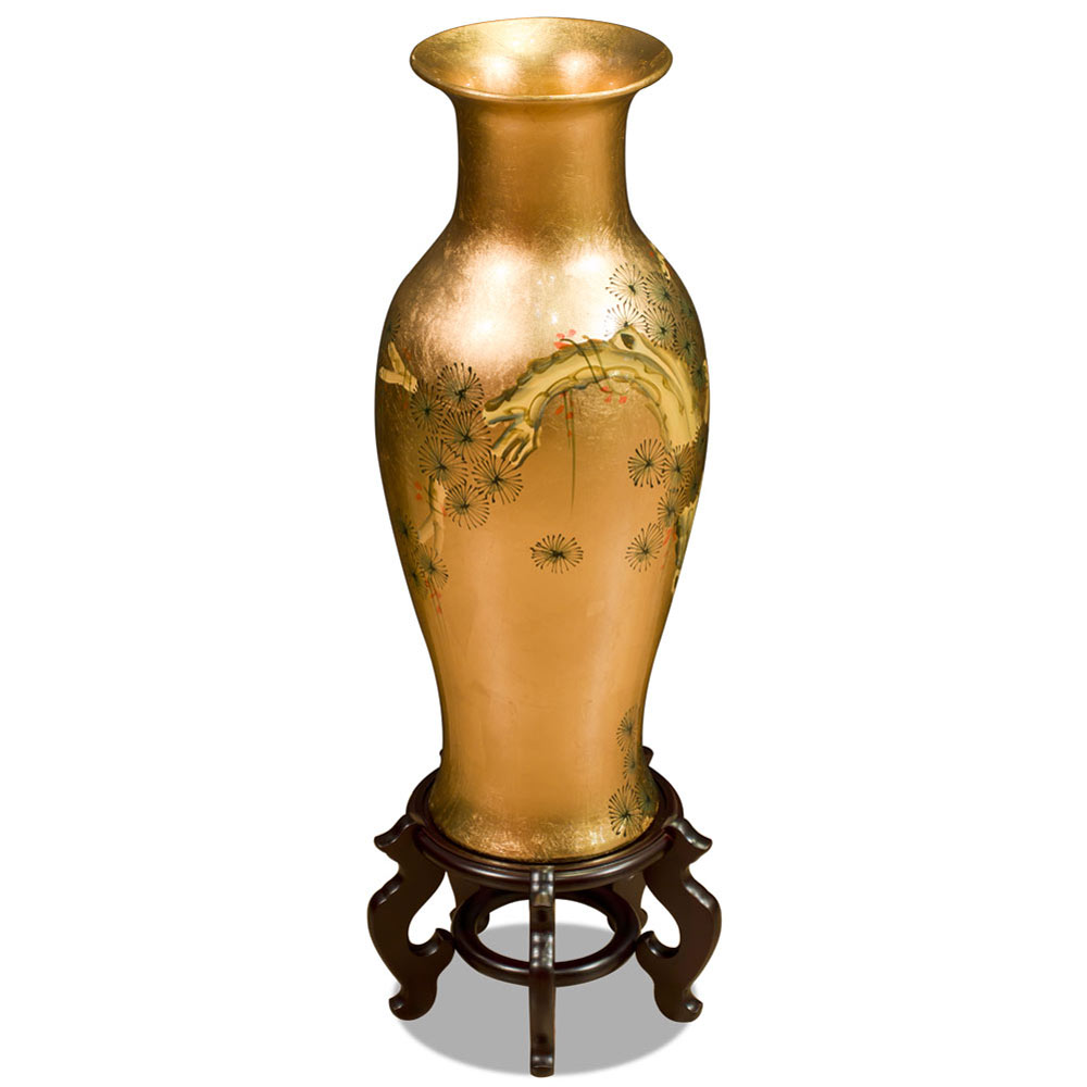 24 Inch Gold Leaf Longevity Cranes Oriental Vase