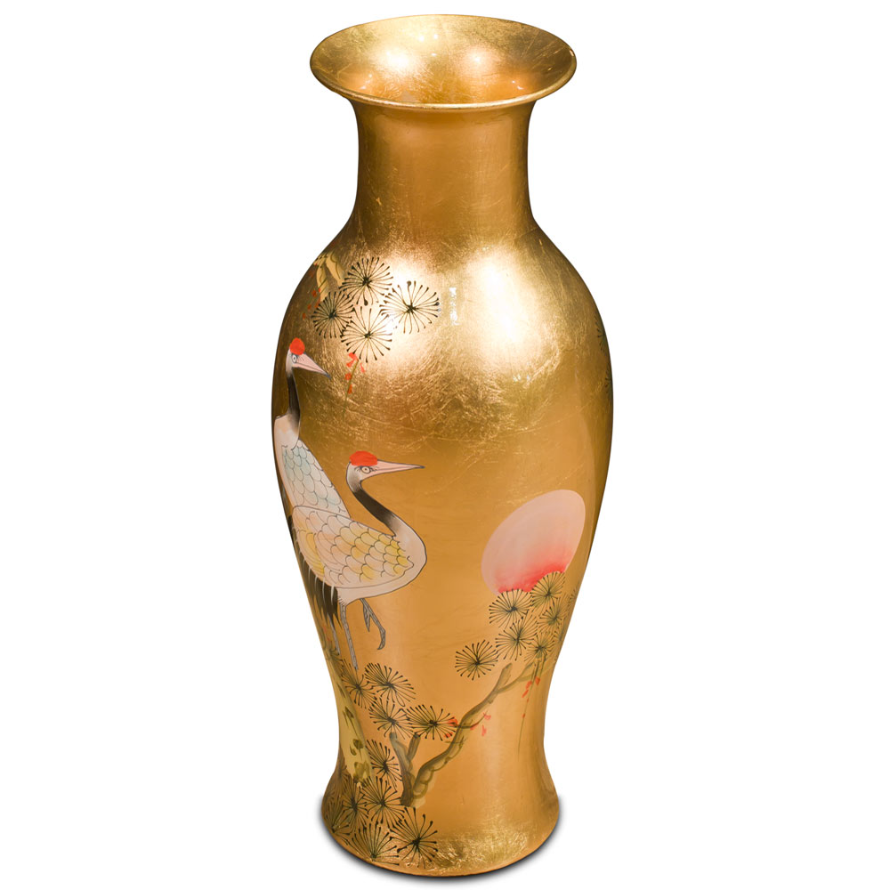 24 Inch Gold Leaf Longevity Cranes Oriental Vase