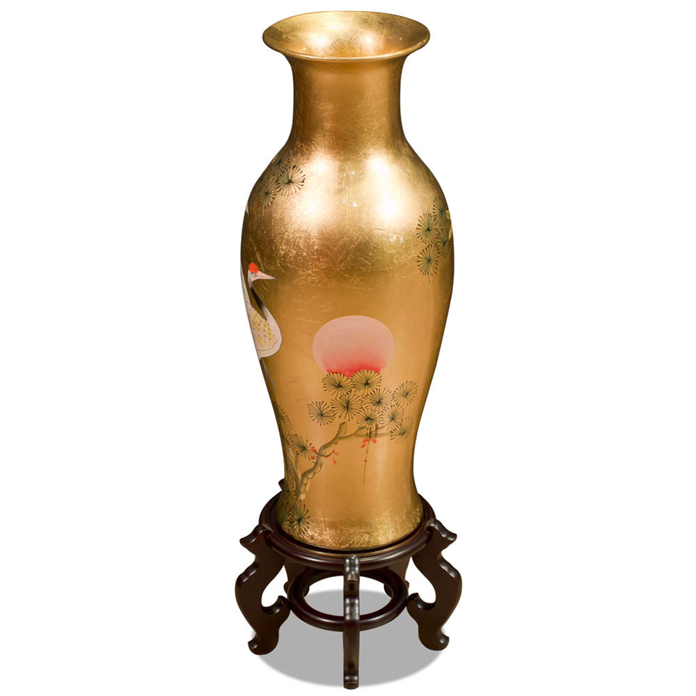 24 Inch Gold Leaf Longevity Cranes Oriental Vase