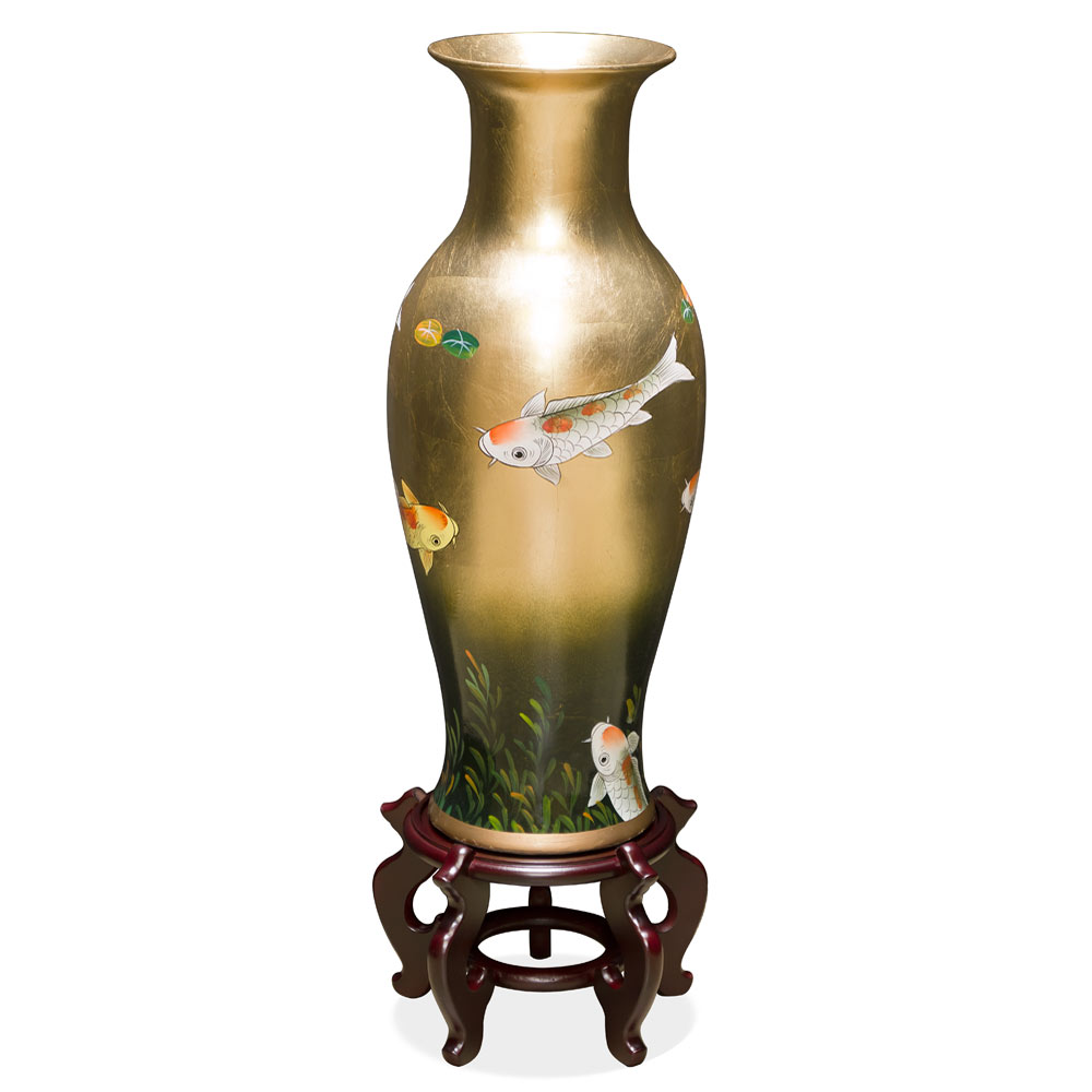 ChinaFurnitureOnline 24 Inch Red Lacquer Mother of Pearl Oriental Porcelain Vase