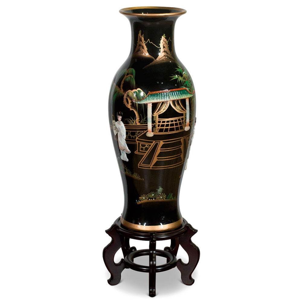 24 Inch Black Lacquer Mother of Pearl Oriental Porcelain Vase