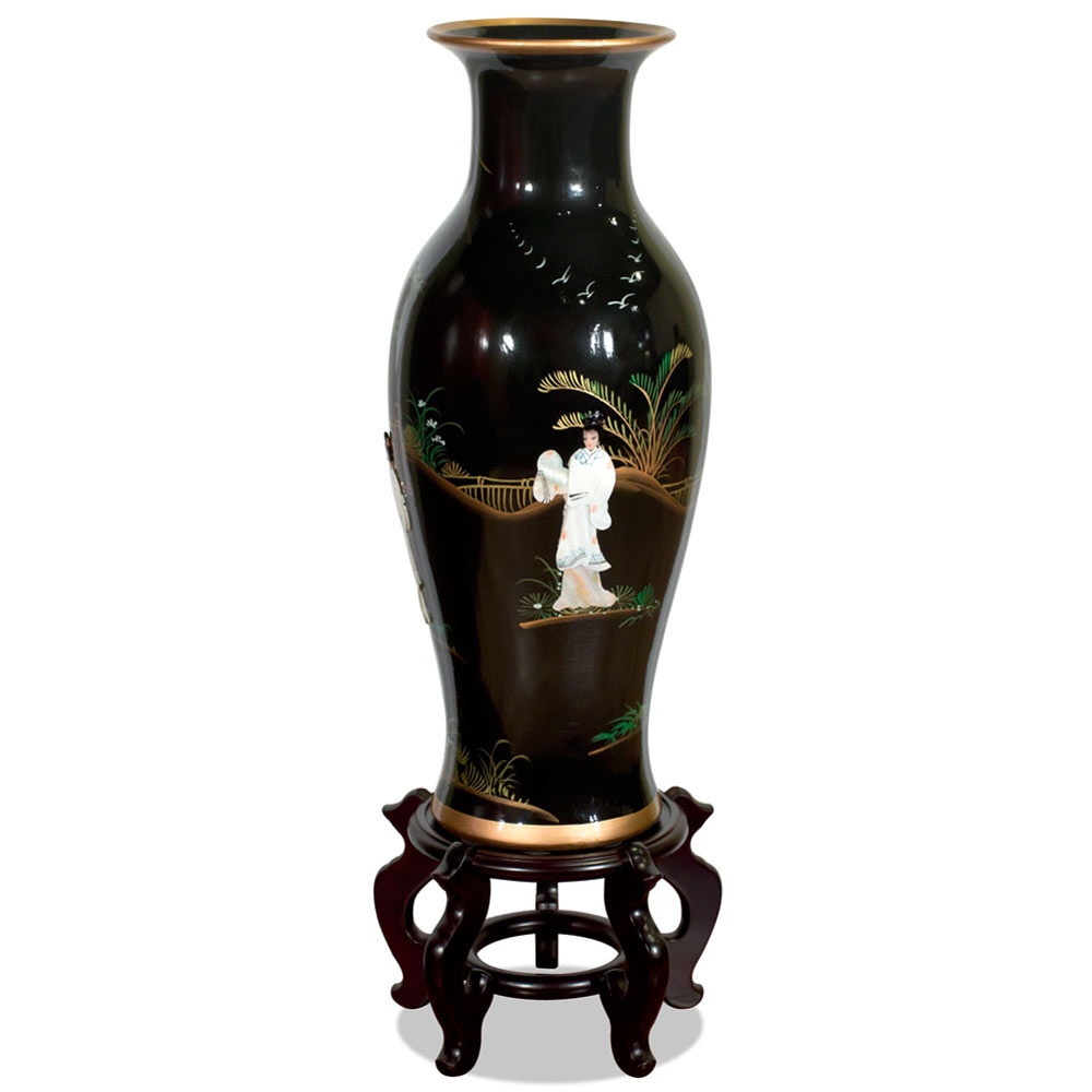 24 Inch Black Lacquer Mother of Pearl Oriental Porcelain Vase