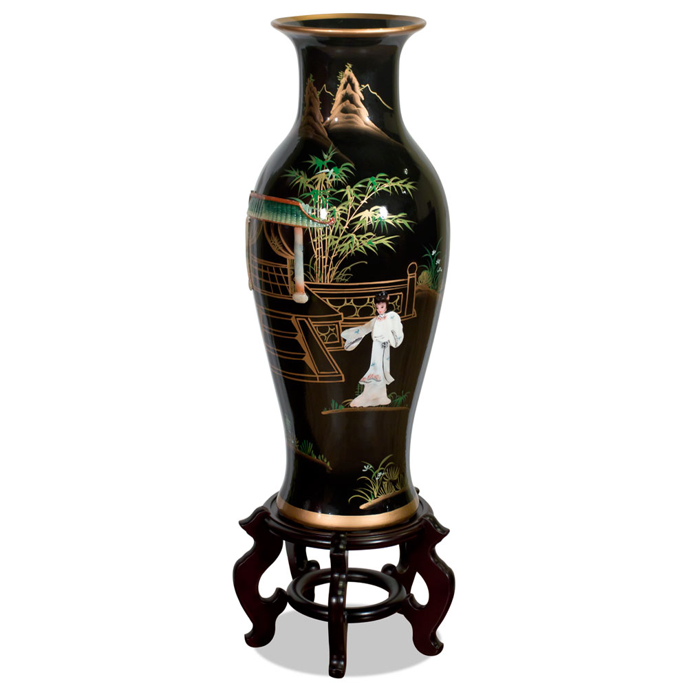 24 Inch Black Lacquer Mother of Pearl Oriental Porcelain Vase