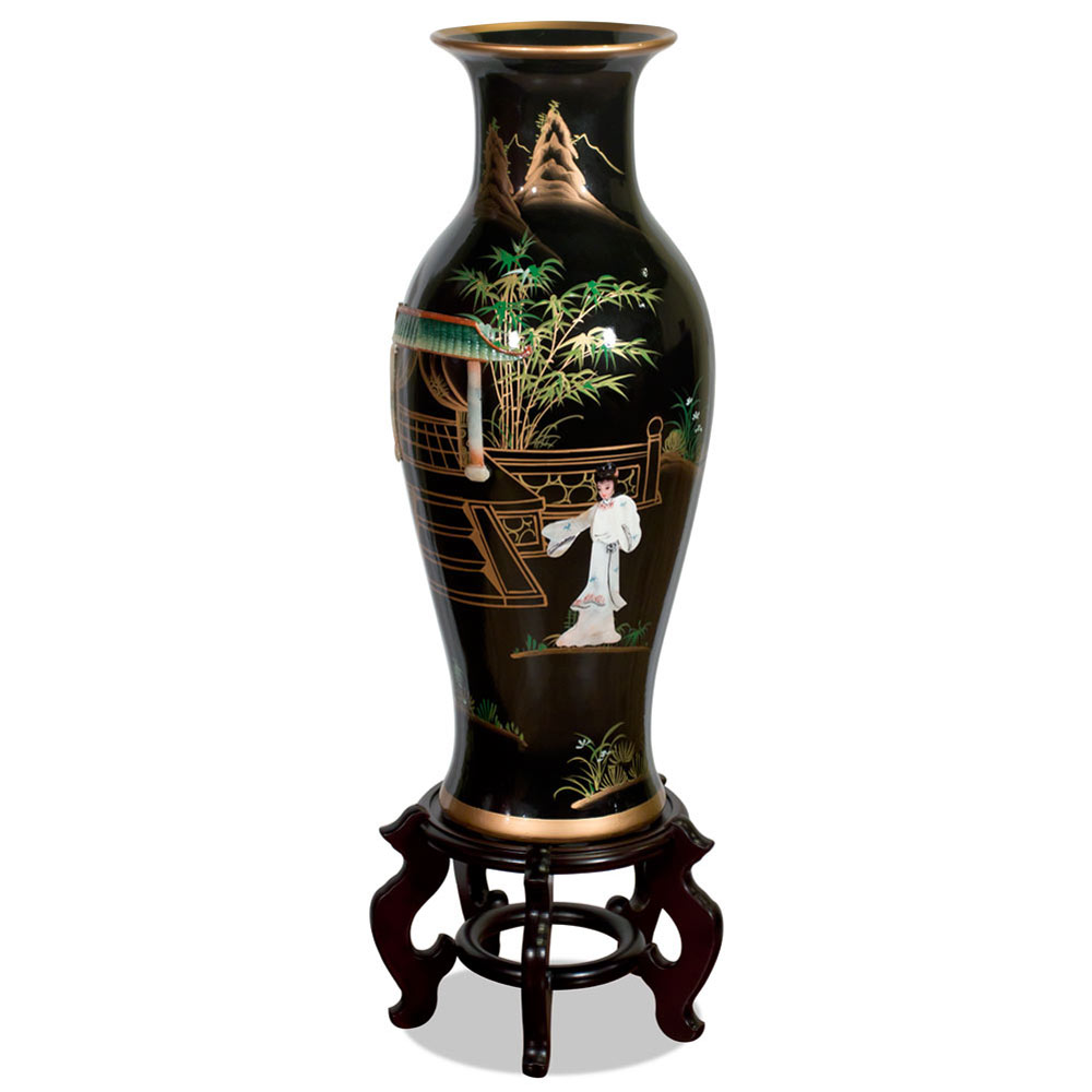 24 Inch Black Lacquer Mother of Pearl Oriental Porcelain Vase