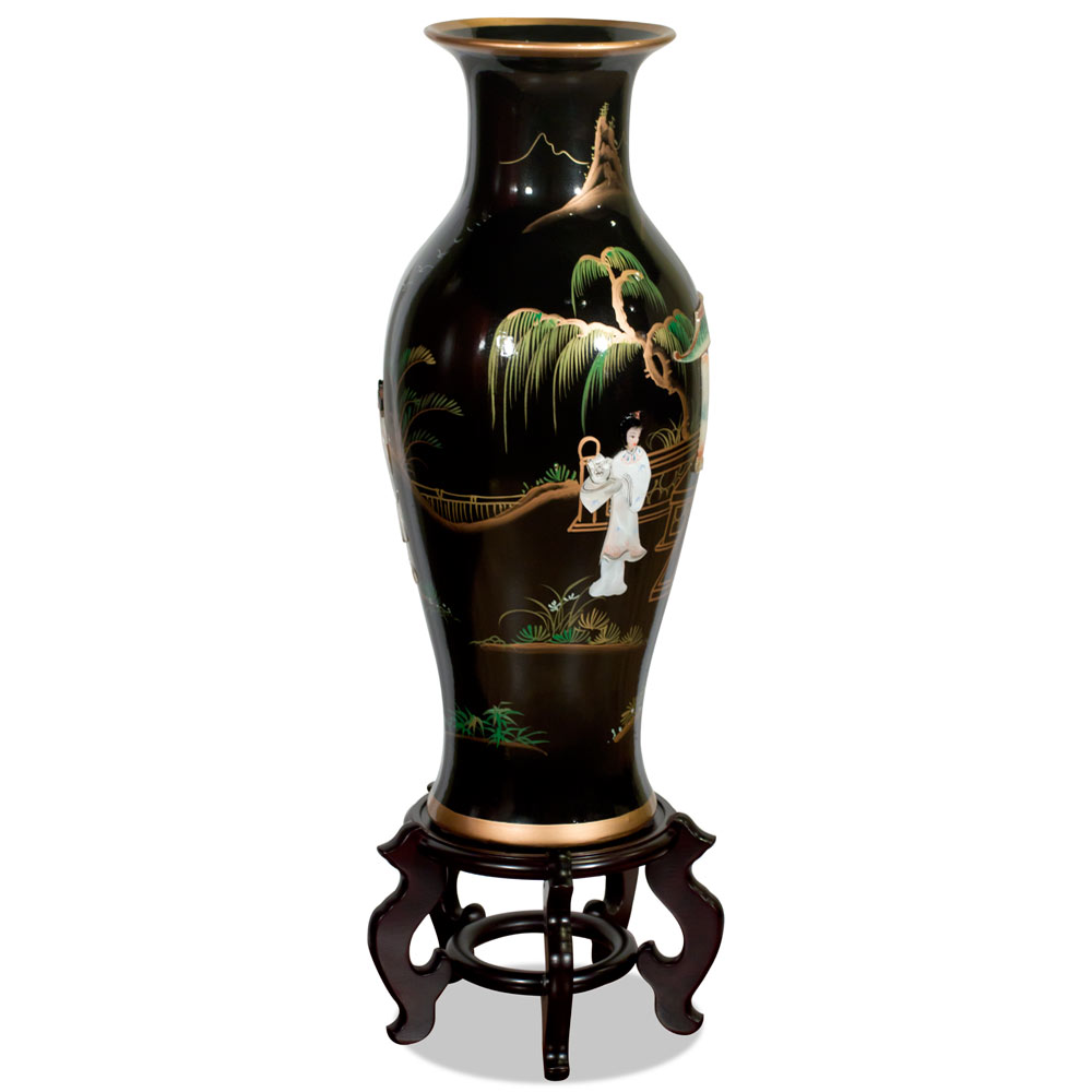 24 Inch Black Lacquer Mother of Pearl Oriental Porcelain Vase