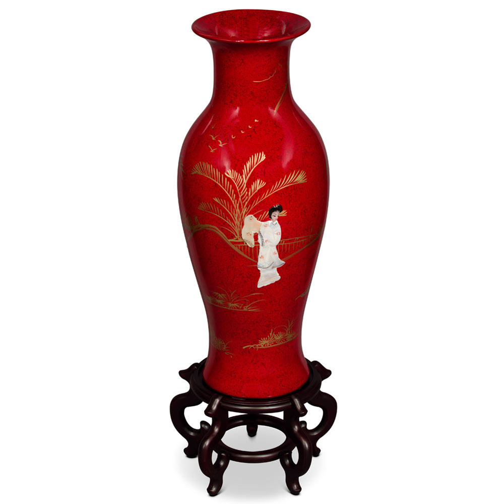 24 Inch Red Lacquer Mother of Pearl Oriental Porcelain Vase