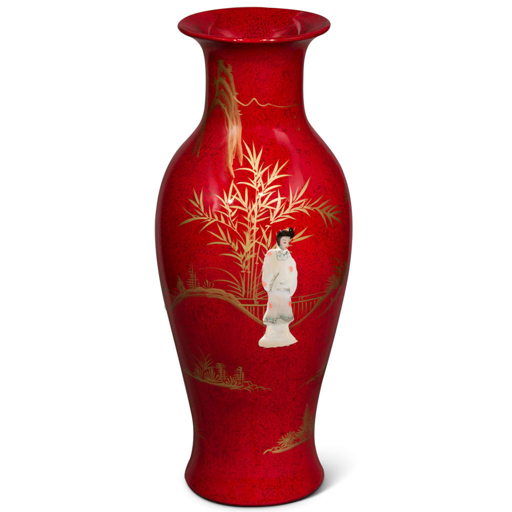 24 Inch Red Lacquer Mother of Pearl Oriental Porcelain Vase