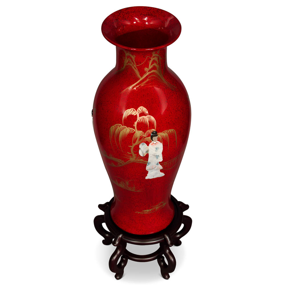 24 Inch Red Lacquer Mother of Pearl Oriental Porcelain Vase