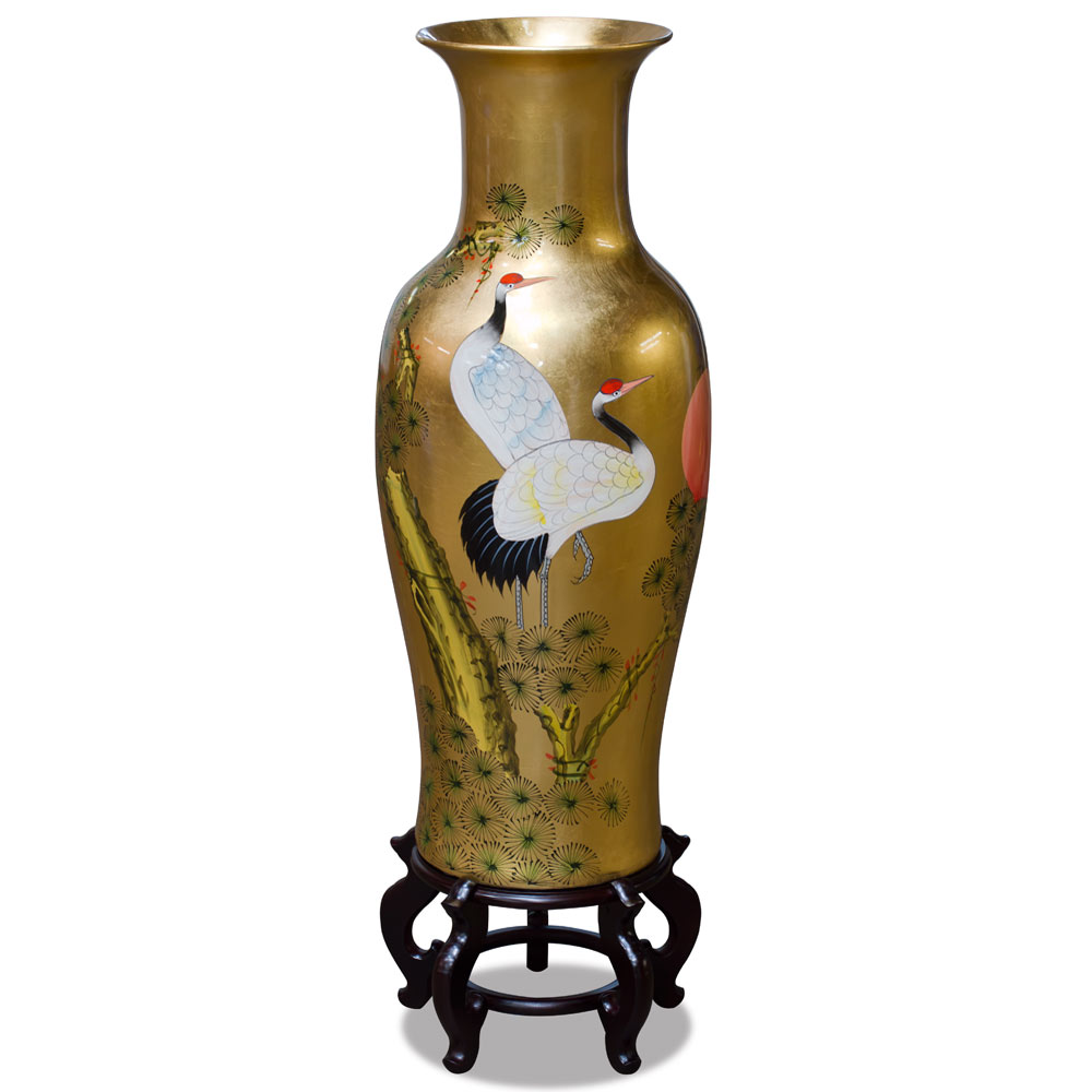 36 Inch Gold Leaf Longevity Cranes Oriental Vase