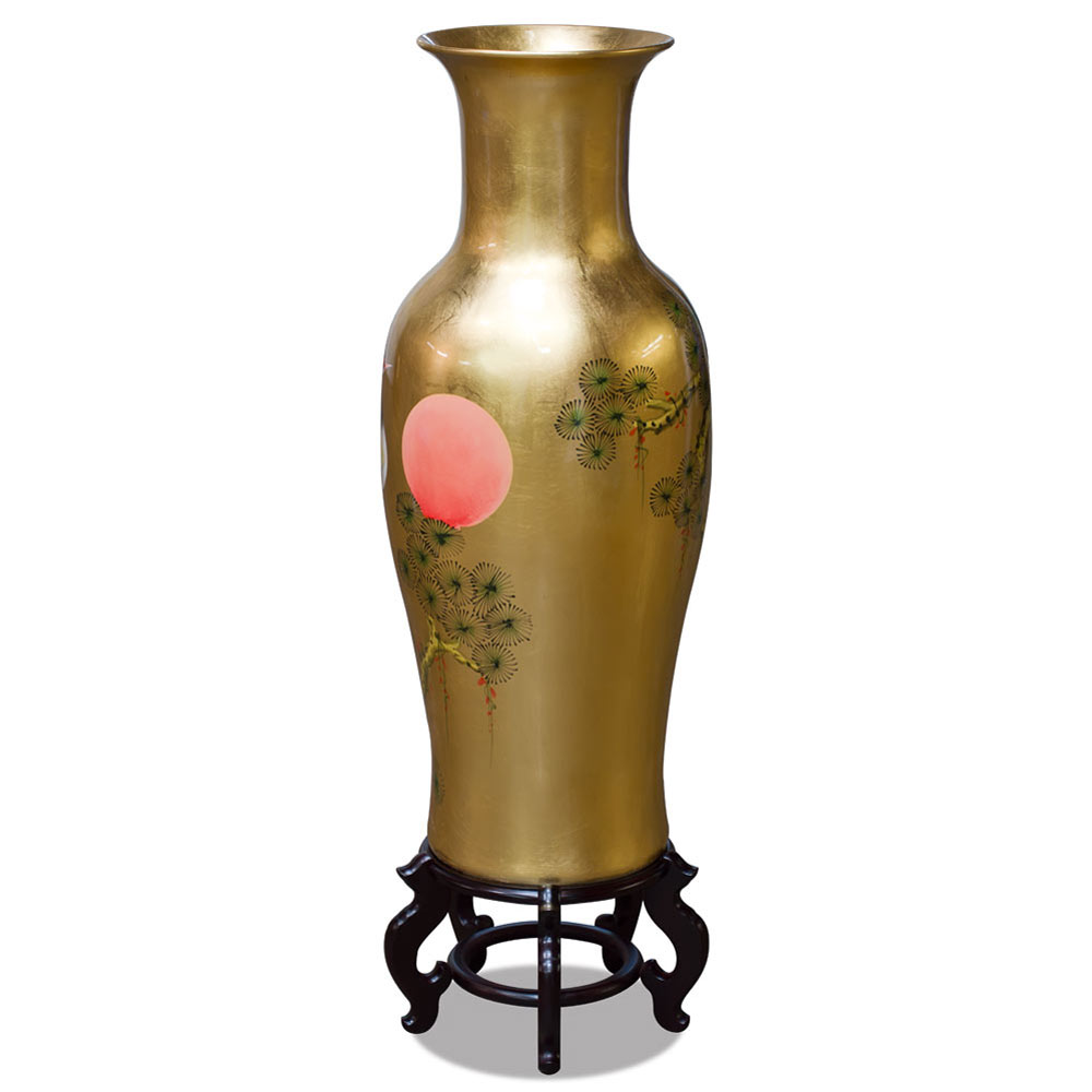 36 Inch Gold Leaf Longevity Cranes Oriental Vase