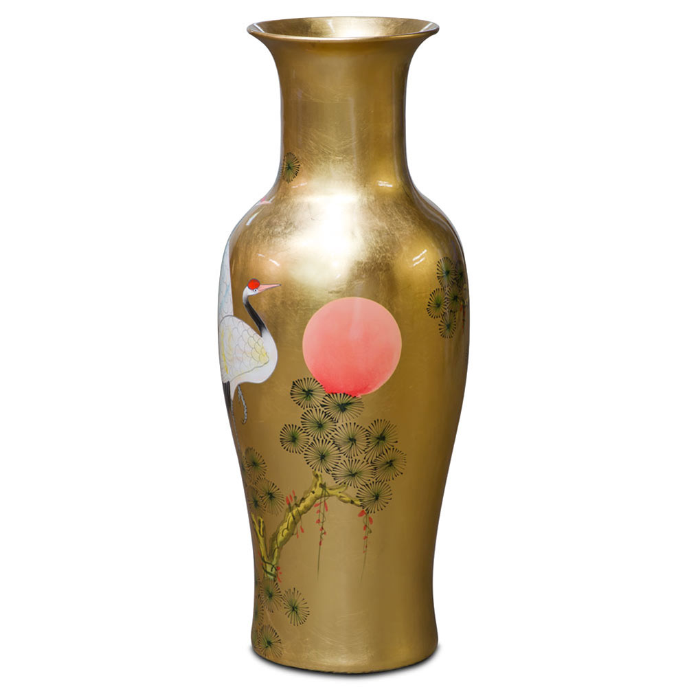 36 Inch Gold Leaf Longevity Cranes Oriental Vase