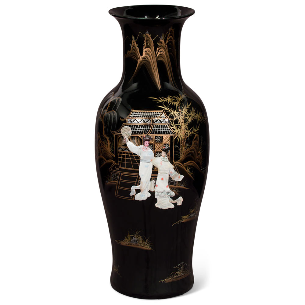 37.5 Inch Black Lacquer Mother of Pearl Oriental Porcelain Vase