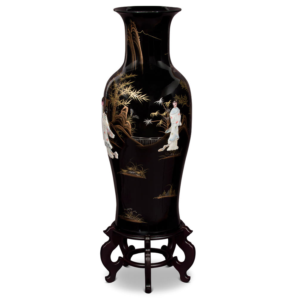 37.5 Inch Black Lacquer Mother of Pearl Oriental Porcelain Vase