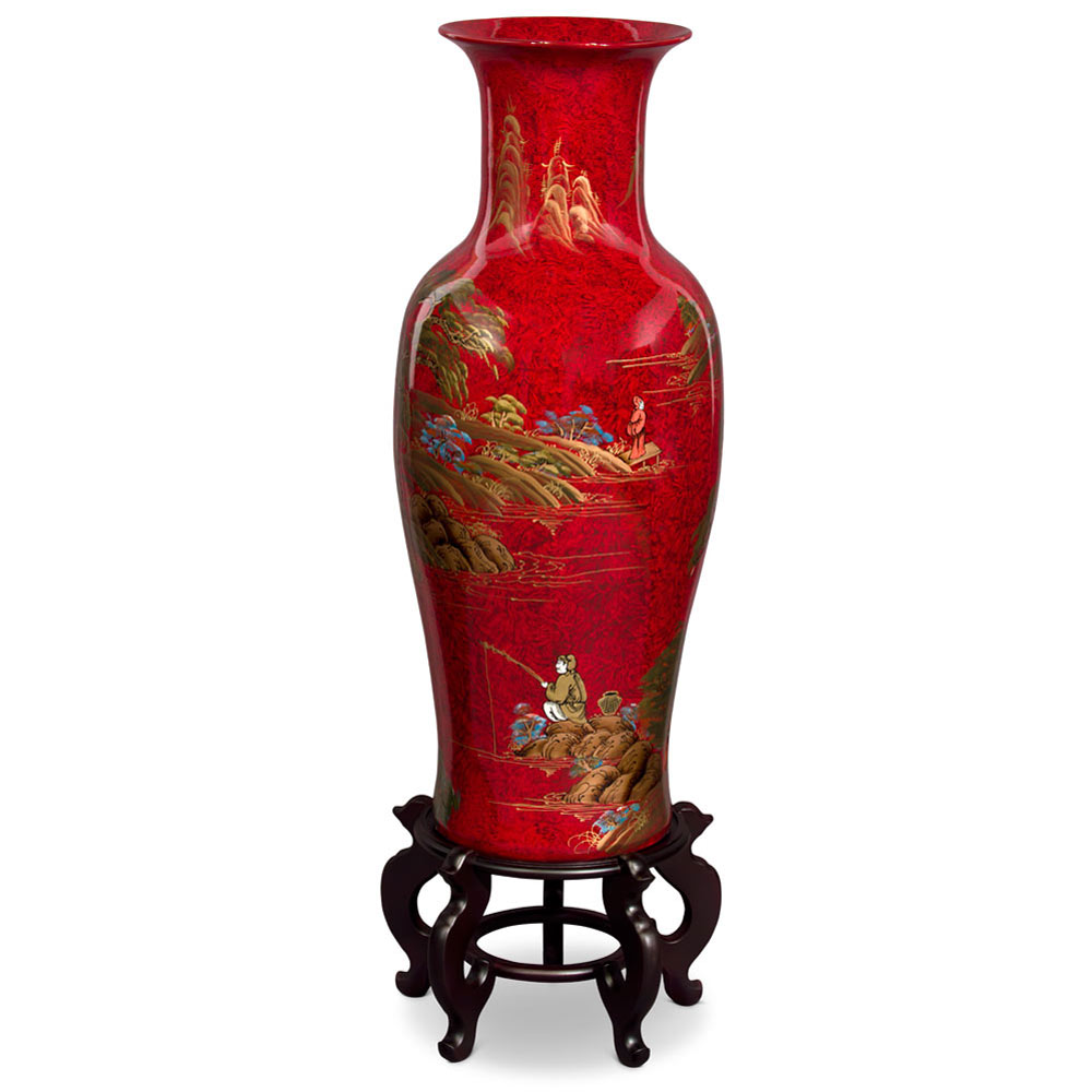 36in Red Lacquer Chinoiserie Scenery Motif Chinese Porcelain Vase